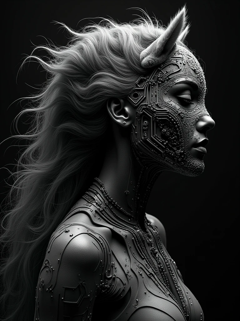 A futuristic, black and white artwork of a warrior woman with a warrior's mask and exotic wild animal furs. The woman's face is a blend of high-tech elements and the raw beauty of nature. The background is a deep black. The artwork is a fusion of wildlife photography, painting, and anime styles, with intricate patterns of glowing electronic circuitry and zentangle patterns.