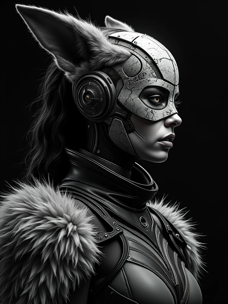 A futuristic, black and white artwork of a warrior woman with a warrior's mask and exotic wild animal furs. The woman's face is a blend of high-tech elements and the raw beauty of nature. The background is a deep black. The artwork is a fusion of wildlife photography, painting, and anime styles, with intricate patterns of glowing electronic circuitry and zentangle patterns.