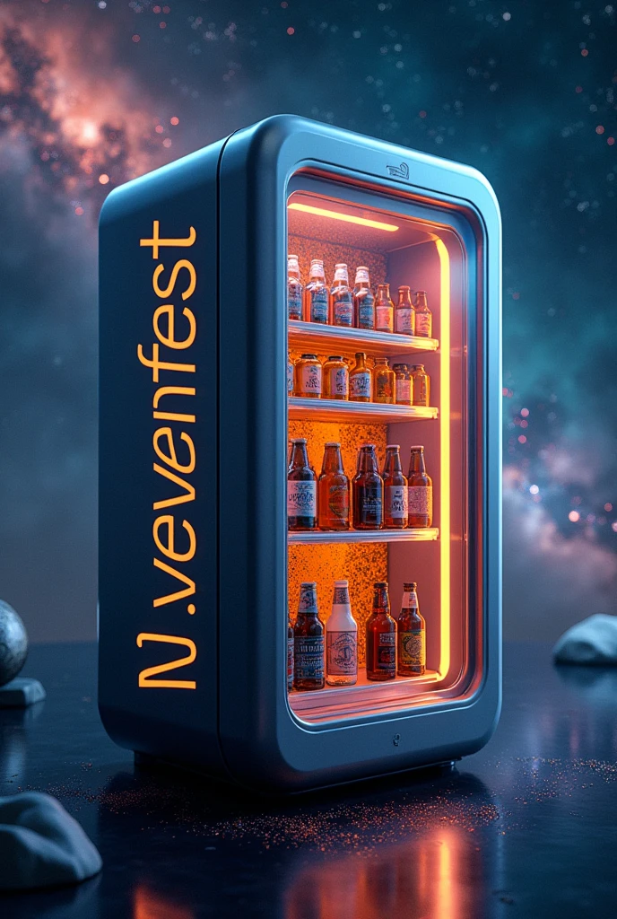 shield of a fridge galactic with some beers inside and the prhase on th eside of the fridge neveritafest 