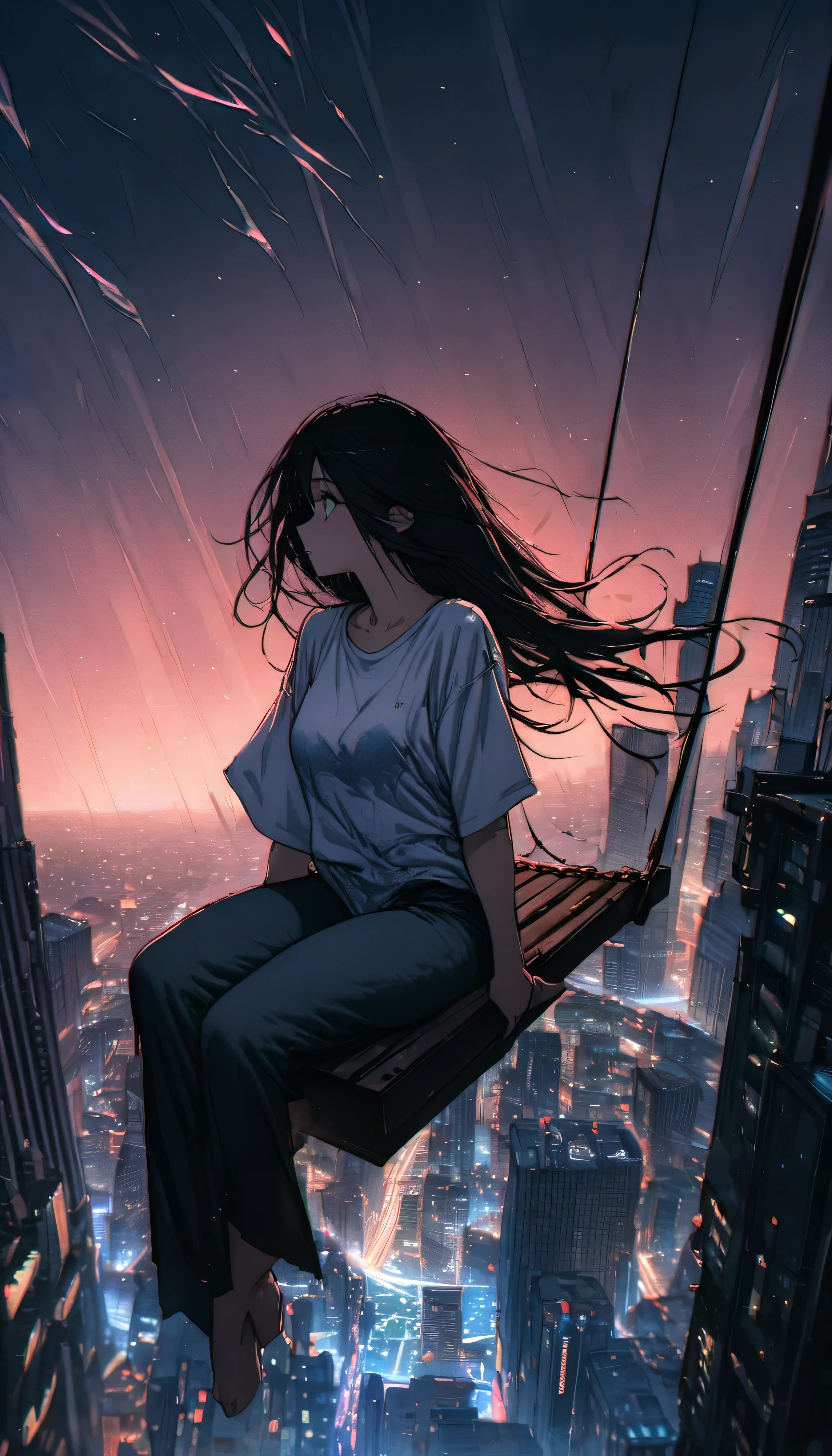 Highest quality, Super Fine, 16K, Incredibly absurd, Very detailed, Beautiful woman sitting on a trapeze suspended between two skyscrapers, Gazing into the distance, Wear a loose long T-shirt, Captivating look, Wind, Wind-effect, moonlit nightscape, (Nice views:1.1) , Clockpunk