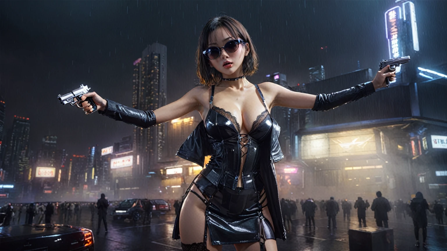 Blade Runner style futuristic Tokyo city, flying cars, neon lights, rainy night. (1girl, solo, alone), large-breast:1.2 slim:0.9 body, oval:0.8 face, cleavage:1.1, sexy laced lingerie, low angle view of miniskirt, jacket, (black micro sunglasses), (holding a short gun), half-body thigh level medium shot, cinematic lighting, ray tracing.