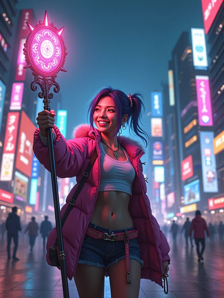 the character Luxi from lol wild rift happy holding her staff, Tokyo city background at night with lots of cyber punk led lights, and in the other hand she is holding an iPhone 13 Pro Max taking a selfie, ultra realisitic, with great quality, selfie photo size