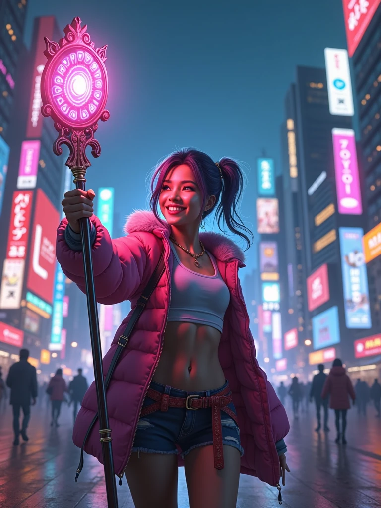 the character Luxi from lol wild rift happy holding her staff, Tokyo city background at night with lots of cyber punk led lights, and in the other hand she is holding an iPhone 13 Pro Max taking a selfie, ultra realisitic, with great quality, selfie photo size