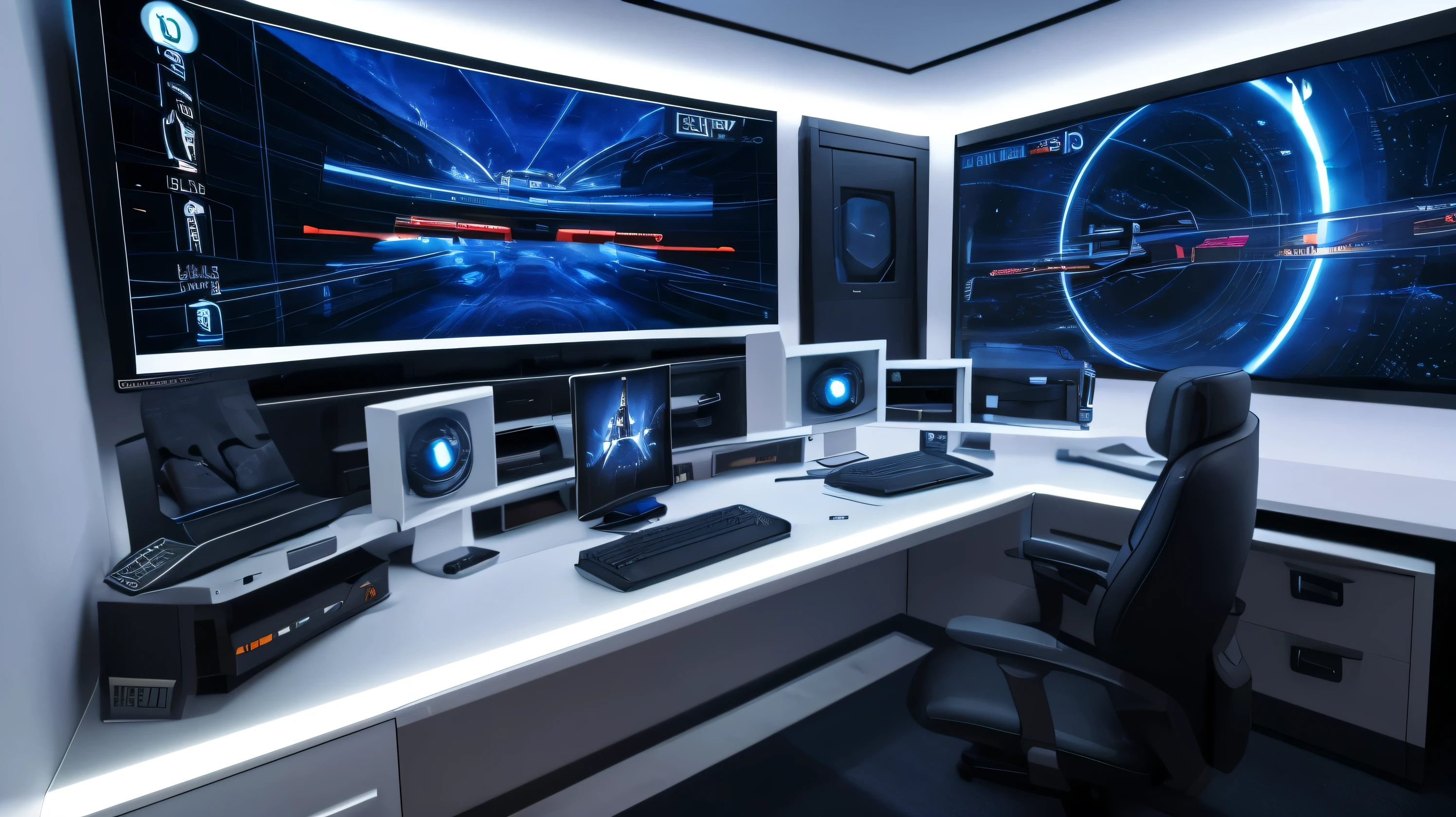 scifi, futuristic white pc gaming room, 3 curved monitors, futuristic, hightech, hard-surface design, daylight, much tech, much electronic, very cozy, ambient light, realistic view, wide angle, year 2224