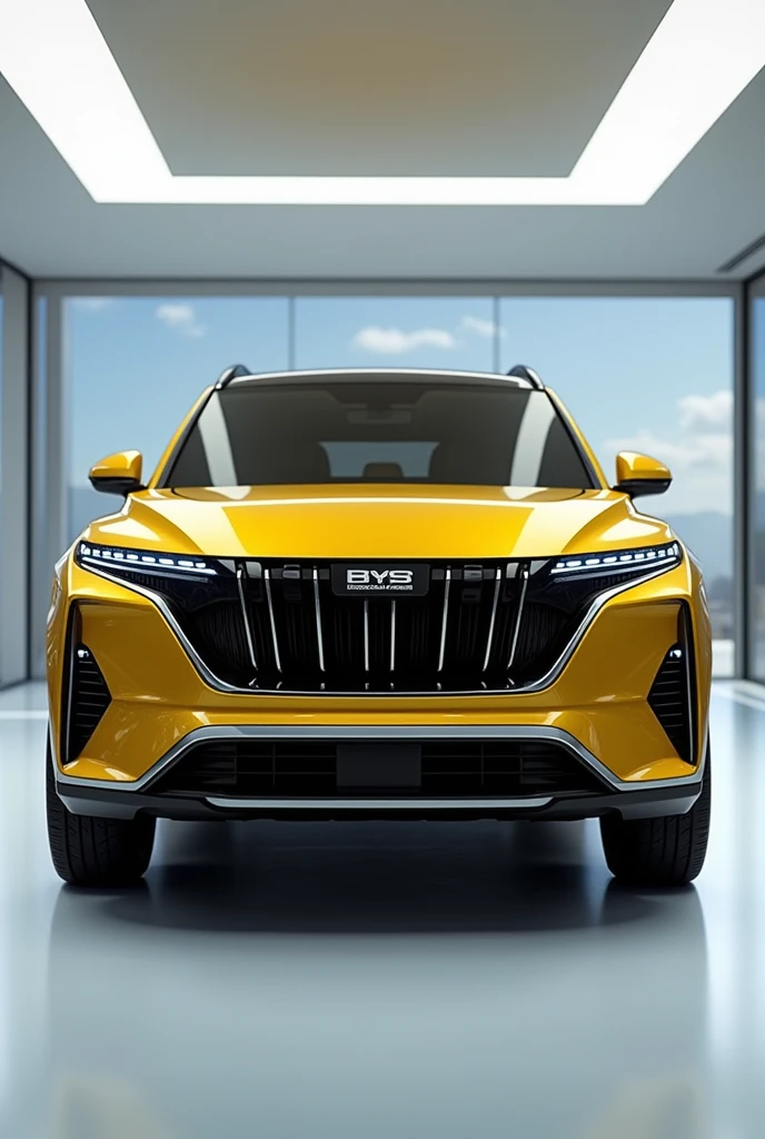 Create a high-definition image of 2025 BYD dolphin the front view of a modern, luxury SUV in a brightly lit, sleek showroom. The vehicle has a bold, wide grille with a central emblem, featuring angular LED headlights that extend vertically on either side. The car is painted in a glossy golden yellow color with black accents, including a large, black grille and a robust bumper. The showroom has a clean, minimalist design with bright white lighting and reflective flooring that enhances the vehicle's shining exterior."