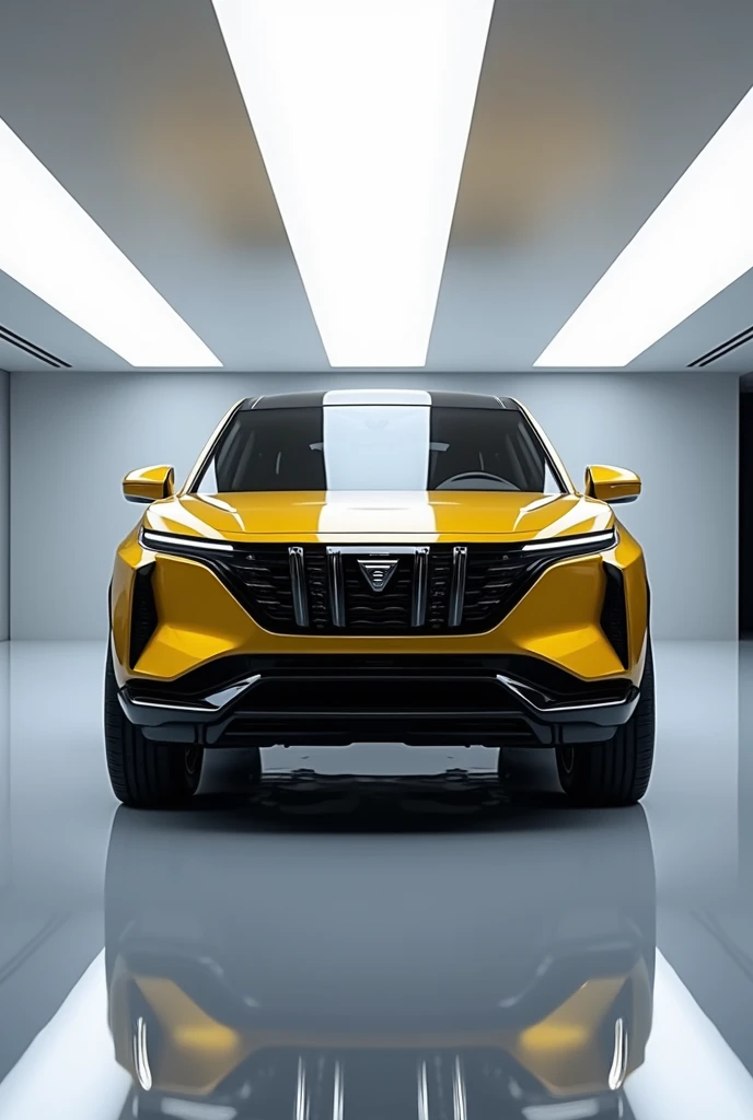 Create a high-definition image of  2025 BYD dolphin the front view of a modern, luxury SUV in a brightly lit, sleek showroom. The vehicle has a bold, wide grille with a central emblem, featuring angular LED headlights that extend vertically on either side. The car is painted in a glossy golden yellow color with black accents, including a large, black grille and a robust bumper. The showroom has a clean, minimalist design with bright white lighting and reflective flooring that enhances the vehicle's shining exterior."