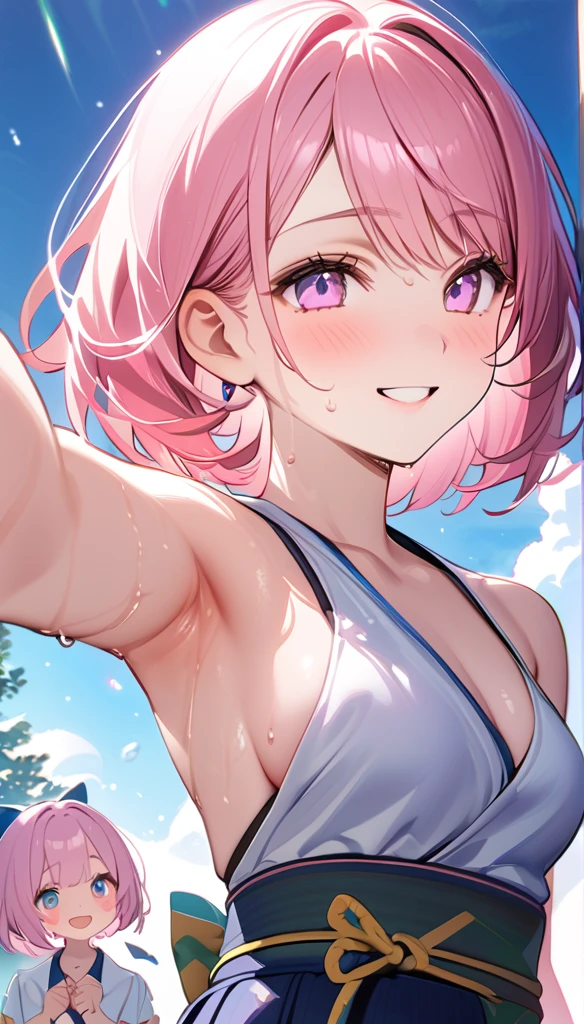 (2 people),(Best image quality, 8k, masterpiece:1.3), (high school student:1.5), ((Pink lob hair:1.1)), (Bobcut),(Swept-apart bangs), (Cute eyes, Dark Eyes, Iris Sky Blue, like々funny Face), (Standard weight), (Small breasts), (Glowing Skin:1.3),(Pale skin:1.2),(Sweaty skin:1.2),(smile),break YunaX, Removable sleeves, kimono, sash, heart, Hakama skirt, Purple too,break ((Show your armpits)),(Crystal Tree), (flying debris), (Highest quality), Very detailed, Focus Only，dynamic，((smile))，Perfect Face, 美funny Face, Very detailedな顔，(Pink long hair_Pink Eyes:1.3)，Swimwear，Idle only，Gorgeous hair ornament,smile，Large Breasts，smile,2 peopleの, Open your chest wide