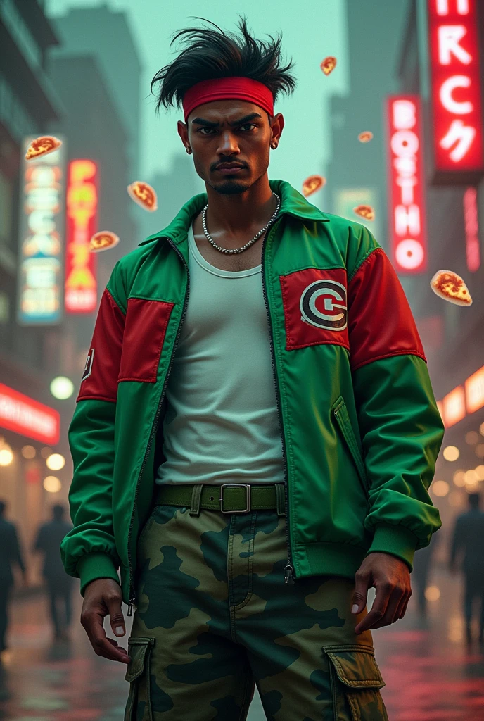 20year old bangladesh man , nepal ( chubby body type. body.) sharp eyes..shave face. chubby face. dark skin. man . Anger face. Open mouth. wear headband red whitr. . wearing an (green red stripe jacket) future shirt.young boy . anger faces, short hairstyle.wear white singlet.((wear green jacket))("G" logo on the shirt.) l . Dramatic.. at city ,( camouflauge green)cargo pant,, detailed face, cinematic lighting, dramatic atmosphere,.hot day. vibrant colors, 8k, high quality, photorealistic. Hero suit.. ha,army green logo design on pant . Very strong. Future design dress. Very epic. Very hot background.. dark sky. Very strong . . Flying floating glowing pizza, candy. chocolate bar everywhere..Floating small rock small rock glwing green everywhere.have a power turn anything to the food. ))green two finger on both side. upper tilt shift shoot photograpy. jump effect. panning effect. ((glowing green pizza. )) running effect. fast running.