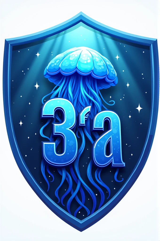 Make a shield for school games using the blue jellyfish as the mascot and the writing "3°A" Somewhere
