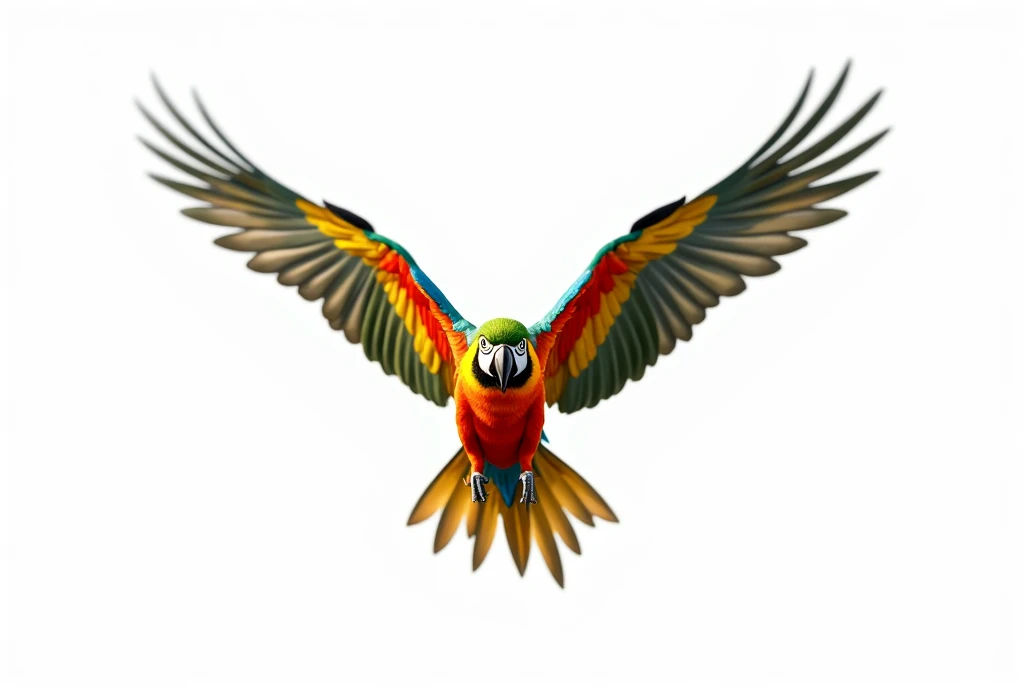 (photorealism:1.2), A flying parrot is isolated in the white background