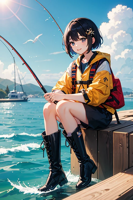 Highest quality、Black Hair、Iris、short hair、、cute、、、Small hair ornament、1 person、Sea and embankment、Fishing pole、fishing、Fishing equipment、Life jacket、Boots、A happy look、