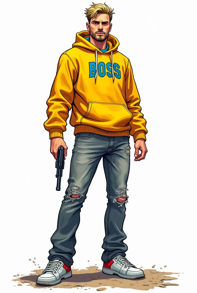 Create a comic book style drawing, bright coloured, high qualiy, a 37 year old white male, 80 kilos, Italian descent, youthful appearance but very serious, medium size, blond short hair, yellow sweatshirt with blue details that says BOSS, gray jeans with small rips, white sneakers with red details, holding a revolver, Apocalypse theme, drawing with perspective, Action scene, white background, fully body