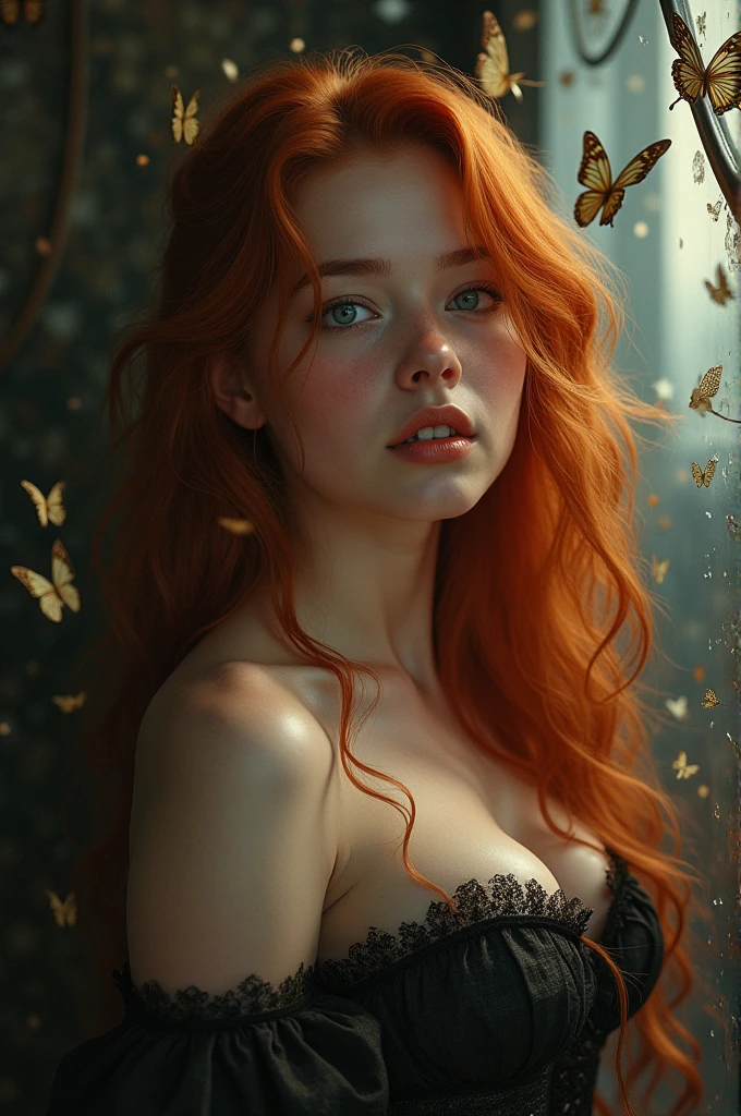 (solo, full body photo:1.3), (action packed:1.3), (haze, fog, mist:1.3), chiaroscuro, best quality, photorealistic, 1woman, (cute), (24yo:1.2), redhead, long ginger hair highly detailed, 1700'S, digital photography, art by artgerm and ruan jia and greg rutkowski surreal painting gold butterfly filigree, broken glass, (masterpiece, sidelighting, finely detailed Fashionable eyes: 1.2) (perfect oval large eyes that gazes at the viewer), beautiful detailed face, blue gorgeous perfect eyes, (blonde hair ponytail), (attractive young woman:1.3), (thick amazing hair), (seductive:1.1), (blushing:1.1)