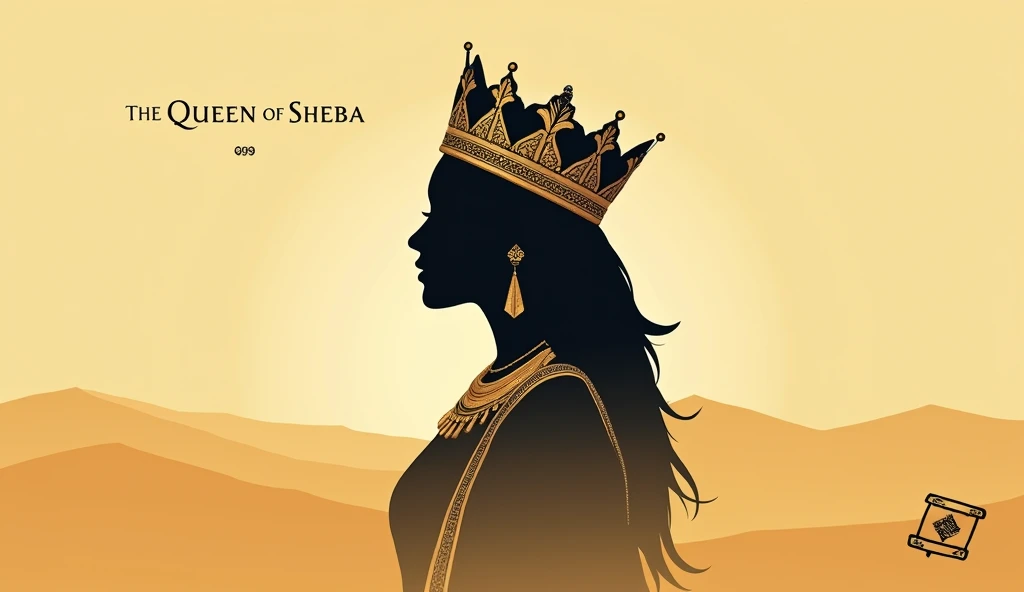 A minimalist, eye-catching image that highlights the Queen of Sheba. She is shown in profile, with an ornate golden crown on her head, symbolizing her royalty. The background is a soft gradient of gold and sand tones, evoking the richness and mystery of the desert. The Queen’s silhouette is outlined in black, with gold accents on her crown and attire. At the top, the title “The Queen of Sheba” appears in an elegant, clear font, with a subtle shadow to highlight it. In the bottom right corner, a small icon of an ancient scroll, hinting at a story or mystery yet to be revealed.