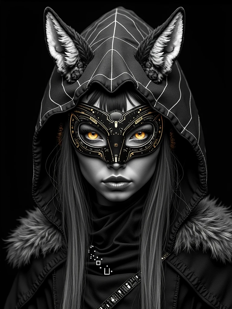 A futuristic, black and white artwork of a warrior woman with a warrior's mask and exotic wild animal furs. The woman's face is a blend of high-tech elements and the raw beauty of nature. The background is a deep black. The artwork is a fusion of wildlife photography, painting, and anime styles, with intricate patterns of glowing electronic circuitry and zentangle patterns.