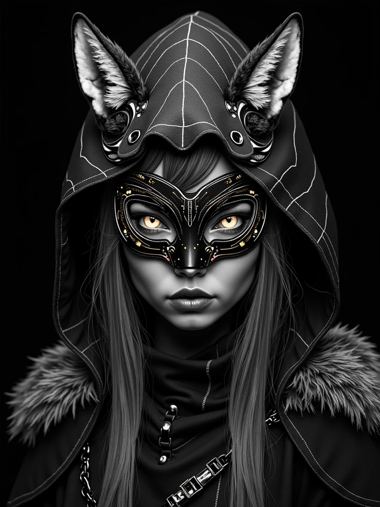 A futuristic, black and white artwork of a warrior woman with a warrior's mask and exotic wild animal furs. The woman's face is a blend of high-tech elements and the raw beauty of nature. The background is a deep black. The artwork is a fusion of wildlife photography, painting, and anime styles, with intricate patterns of glowing electronic circuitry and zentangle patterns.