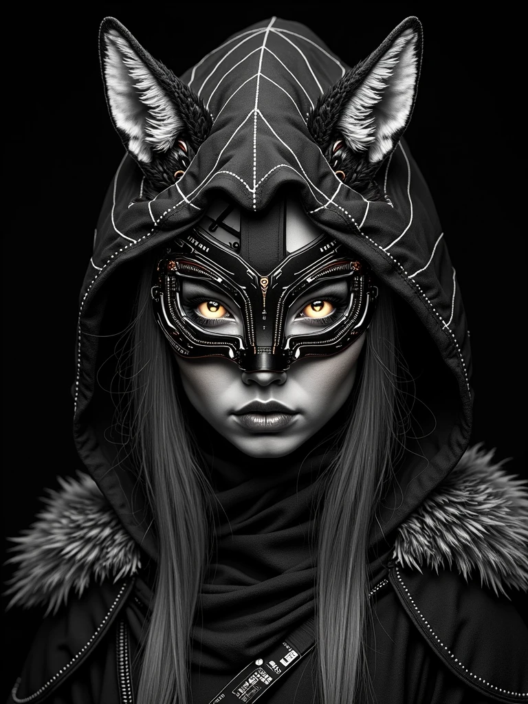 A futuristic, black and white artwork of a warrior woman with a warrior's mask and exotic wild animal furs. The woman's face is a blend of high-tech elements and the raw beauty of nature. The background is a deep black. The artwork is a fusion of wildlife photography, painting, and anime styles, with intricate patterns of glowing electronic circuitry and zentangle patterns.