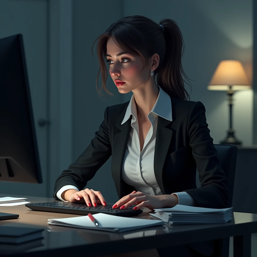 Create an image of a young, ambitious woman in her early twenties, working late in an office setting. She should be portrayed sitting at a desk with a computer, her expression cunning as she discovers crucial emails. Her attire should be professional yet stylish, reflecting her drive and manipulative nature