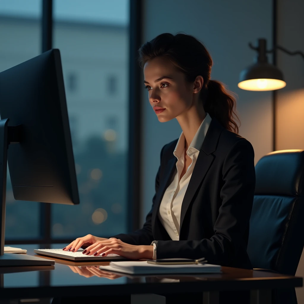 Create an image of a young, ambitious woman in her early twenties, working late in an office setting. She should be portrayed sitting at a desk with a computer, her expression cunning as she discovers crucial emails. Her attire should be professional yet stylish, reflecting her drive and manipulative nature