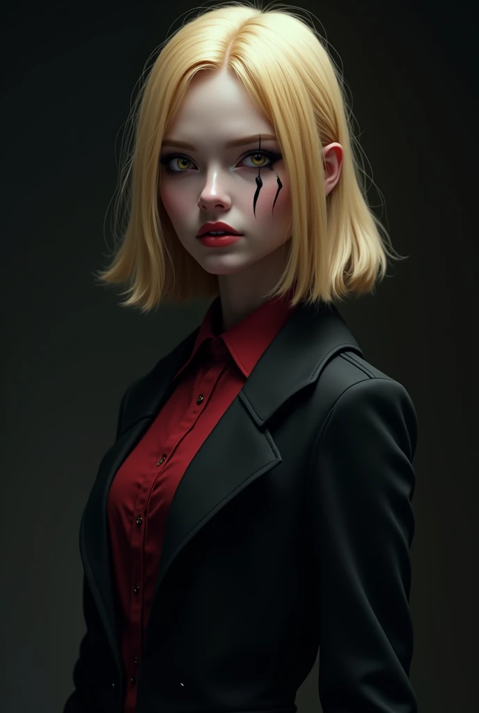 Create a young blonde villain, 1.71 who uses a malicious head, with pool eyes, with shorter hair