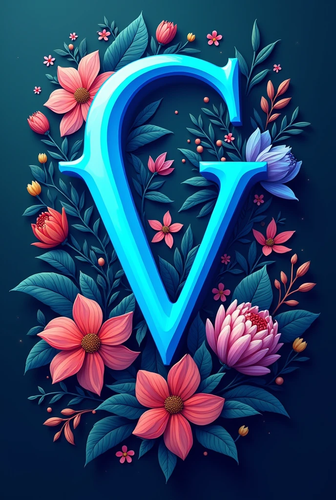 create a logo with the letter c, v with blue color and flowers in the background