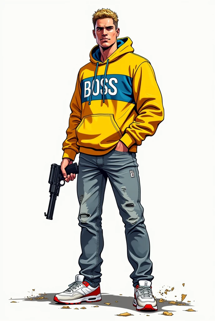 Create a comic book style drawing, bright coloured, high qualiy, a 37 year old white male, 80 kilos, Italian descent, youthful appearance but very serious, medium size, blond short hair, yellow sweatshirt with blue details that says BOSS, gray jeans with small rips, white sneakers with red details, holding a revolver, Apocalypse theme, drawing with perspective, Action scene, white background, fully body