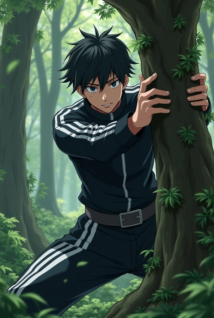 Young character  anime man with black hair and black eyes serious with black clothes with white stripes in a forest hitting a tree hard full body
