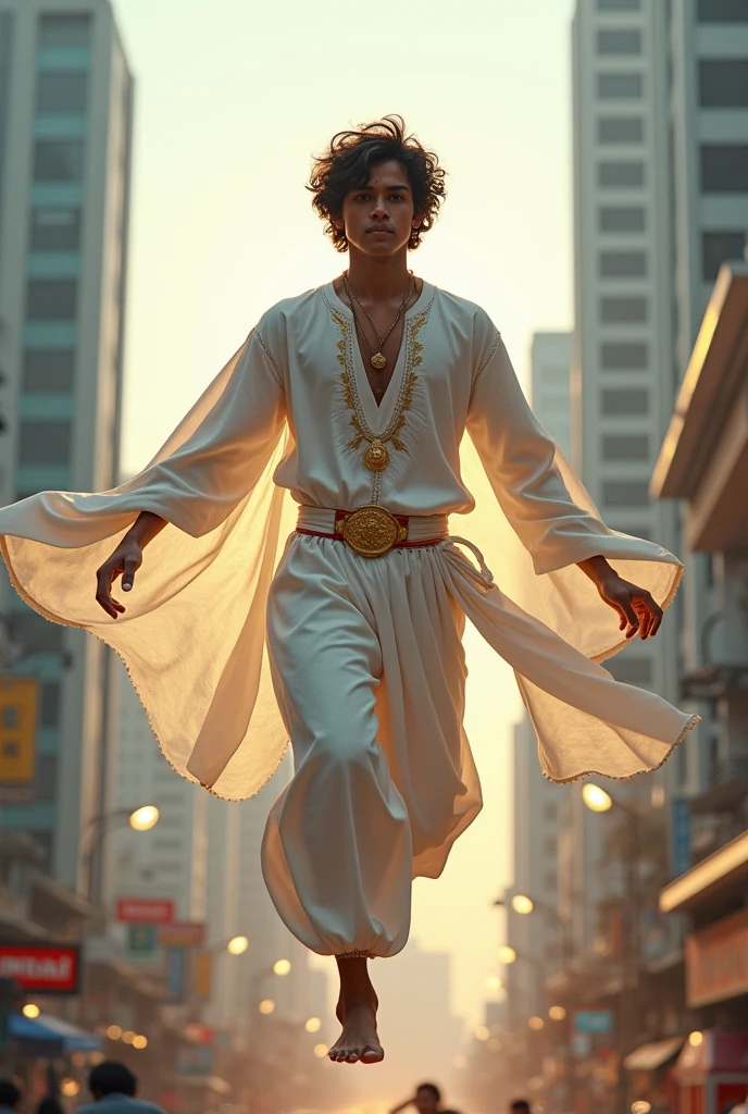 a 20 years old Indian kid as a super hero with wearing white indian traditional way will be a avatar to lord Chandra dev and guard the Malaysia city