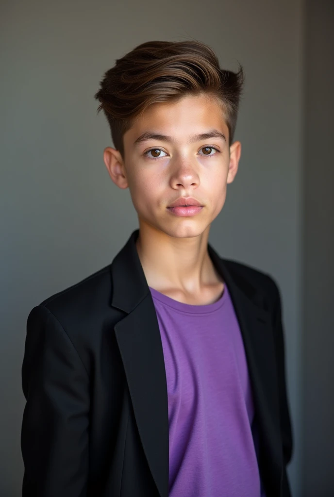 Tall lean muscular age boy with combed brown hair and big brown eyes wearing a purple t shirt and black blazer