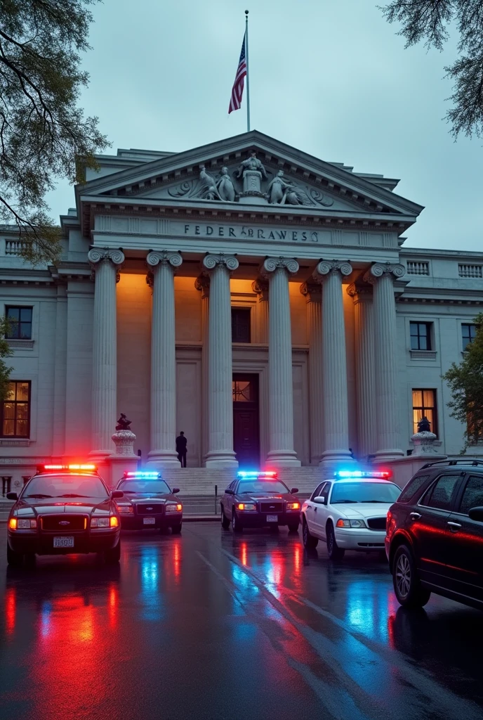 Central bank surrounded by federal and civil police cars