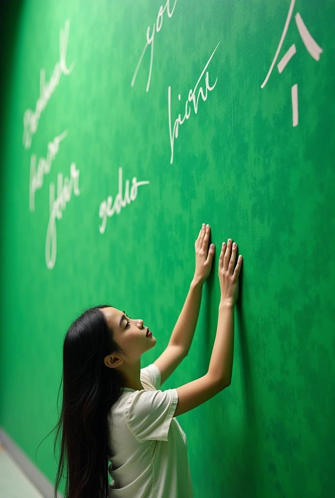 8k hd a young beautiful girl trying to reach the green wall writing ABSTRACT on