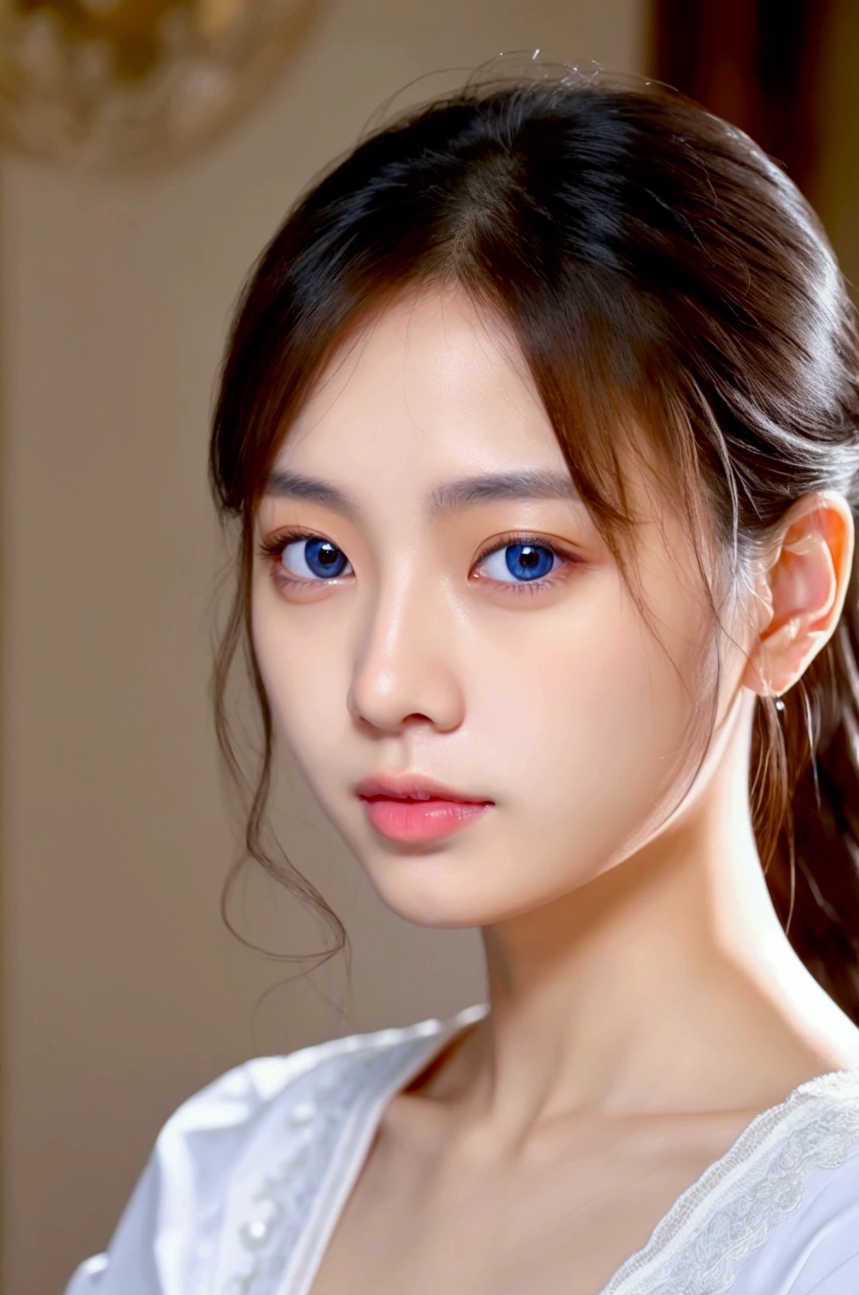 asian girl, tan, big lips, blue eyes, ultra realistic, face camera, no makeup