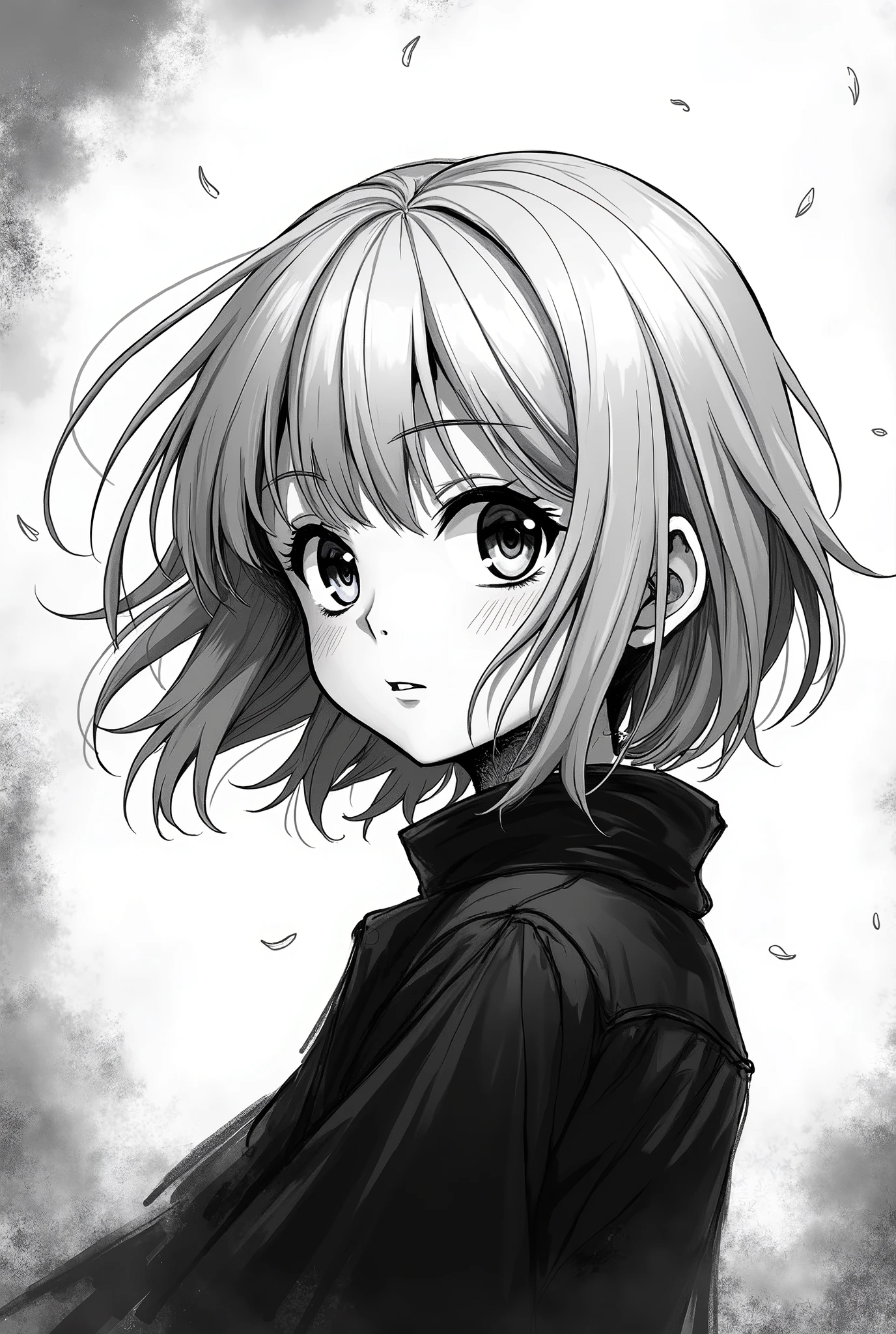 Manga Style, Blonde girl, Black and white