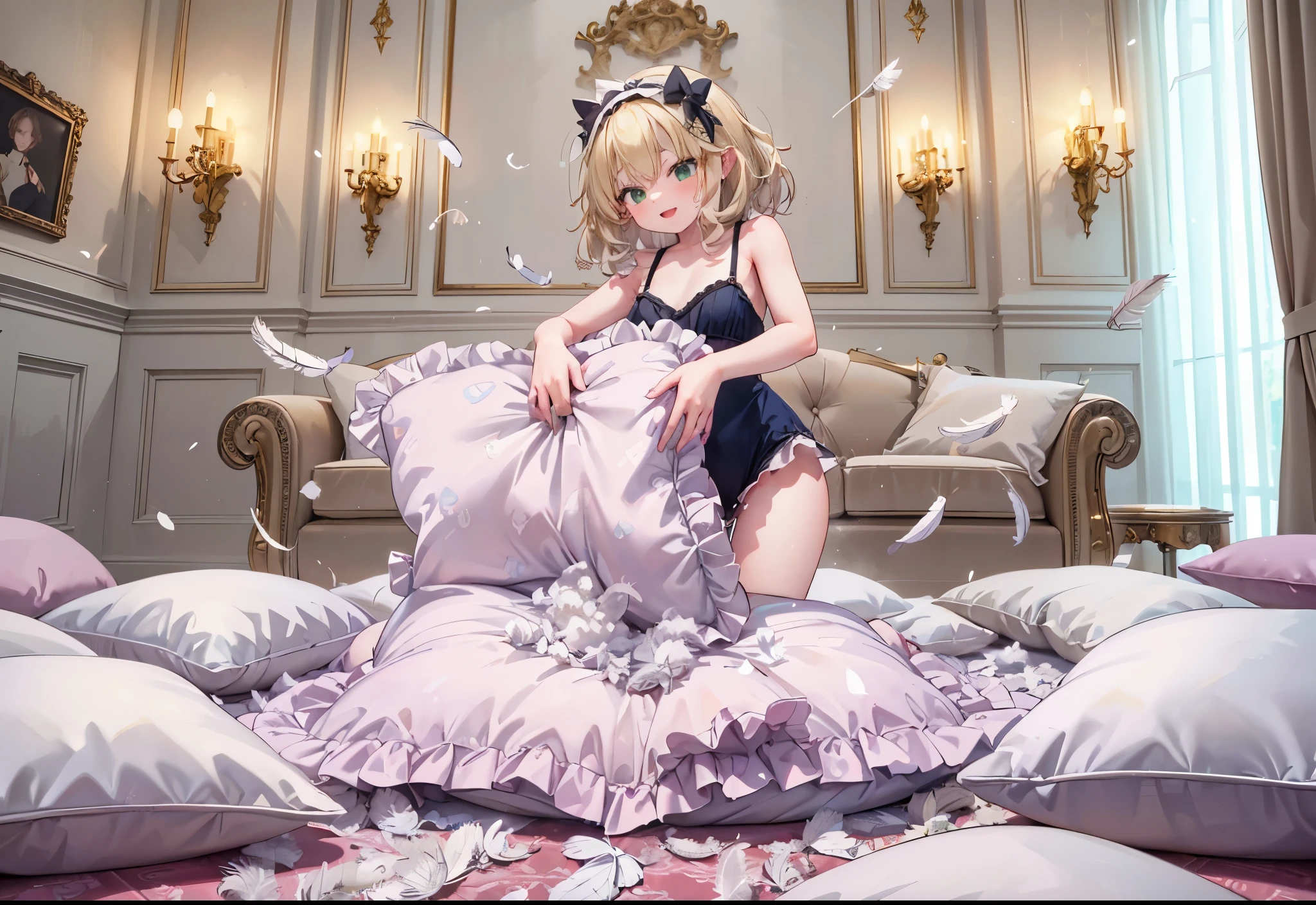 (best quality， masterpiece) , details, (Light and shadow oxtail) , Cute girl posing on pillow ，Pillow, Upholstered，Soft pillow，（Pillow），The love surrounding the protagonist，steam，(Luxury Pillow），（Gorgeous pattern pillow），luxurious pillow, standing,（Love around the protagonist），（pillow）, frilled pillow   , 1 pillow, standing on a top of pillow, on pillow, big pillow, fluffy pillow, pillow damage, stomping pillow, stomping, pillow on floor, stepping on pillow, posing on top pillow, full body, pillow on floor, (((feathers))), pillow destroy, ripping pillow, tearing pillow in half, feathers everywhere, cotton, stuffing pillow, sakurai momoka, blonde_hair, hairband, short_hair, green_eyes, bangs, upper_body, smile, bow, open_mouth, wavy_hair