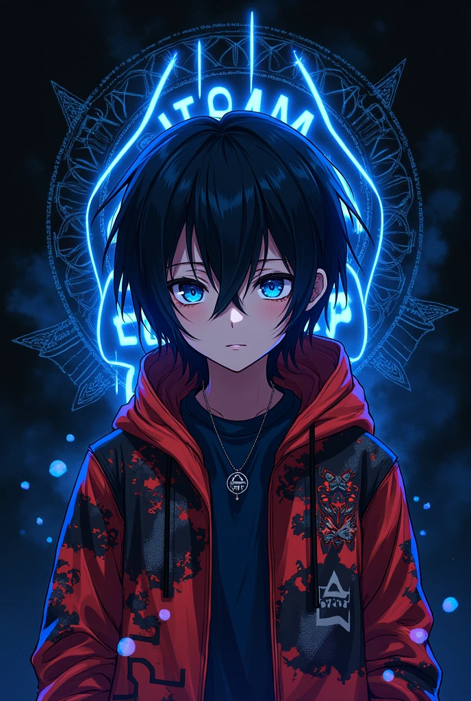 Create an image with a black background featuring a dangerous pattern. Include a adii white glowing text in background . Add an boy anime character with medium hair covering half of their face, wearing a Demon Slayer jacket in attractive colors. The character should have blue eyes, giving off a mysterious and intense vibe." For Instagram dp 