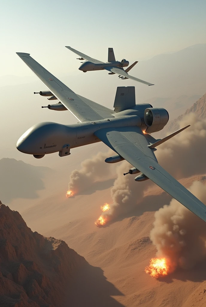 image représentant deux aéronefs de type MQ-9 Reaper en vol, réalisant une passe d'attaque sur des cibles au sol. Les drones seront en formation, avec des munitions visibles, et en train de tirer vers le sol où des explosions sont en cours, montrant des cibles touchées. L'environnement sera un paysage désertique ou montagneux, sous un ciel clair ou légèrement nuageux.