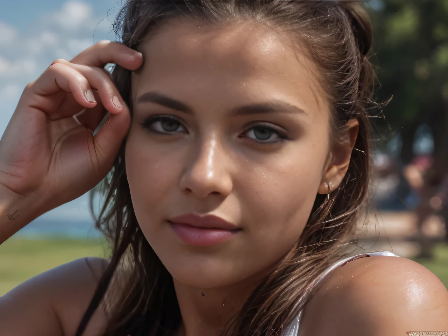 Close up ultra high resolution photo of a beautiful russian girl pointing a handgun, focus on the girl, deep depth of field, she has something to say, her full lips are parted showing her white teeth and pink tongue, sharp shadows cast by the sun, detailed skin, iris detail, detailed fabric, , 8k photography, unedited skin, healing cuts, thin facial hair, tan lines, hyper detailed eyes, subtle imperfections, macro hair detail, sharp focus, tan lines, Raw High Resolution, ultradetailed, natural lighting, Fujifilm GFX100s --ar 16:9 --style raw --v 6.0 - @skroeckel (fast)