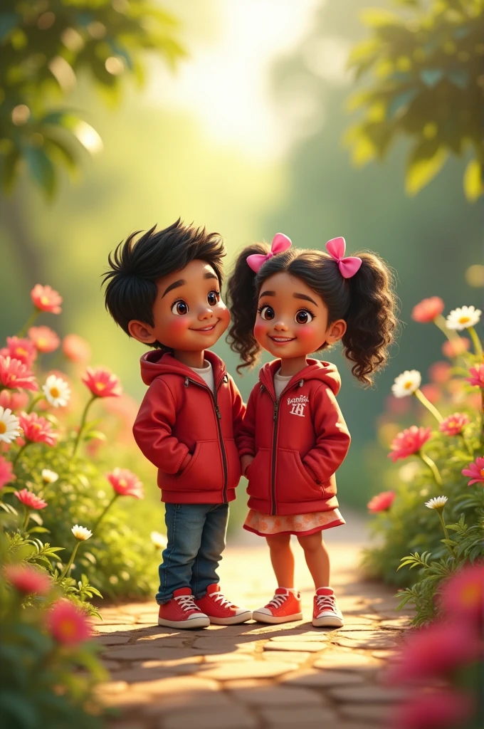 Boy and girl bestfried,boy name sameer and girl name rima, both names pic on the red jacket in garden
