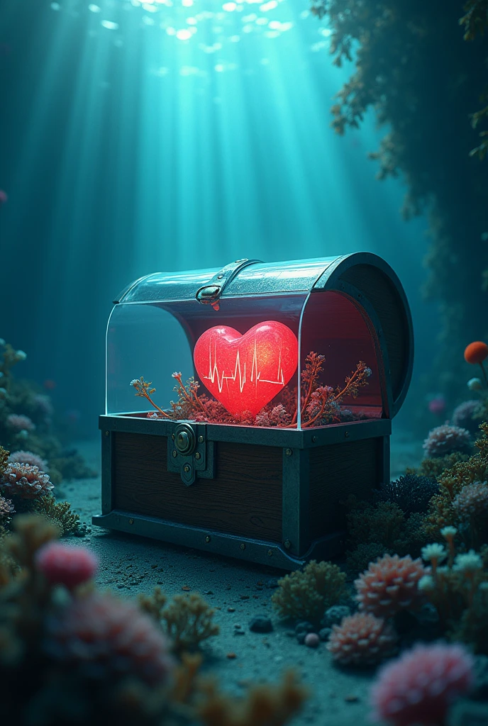 Heart inside a treasure box under the sea