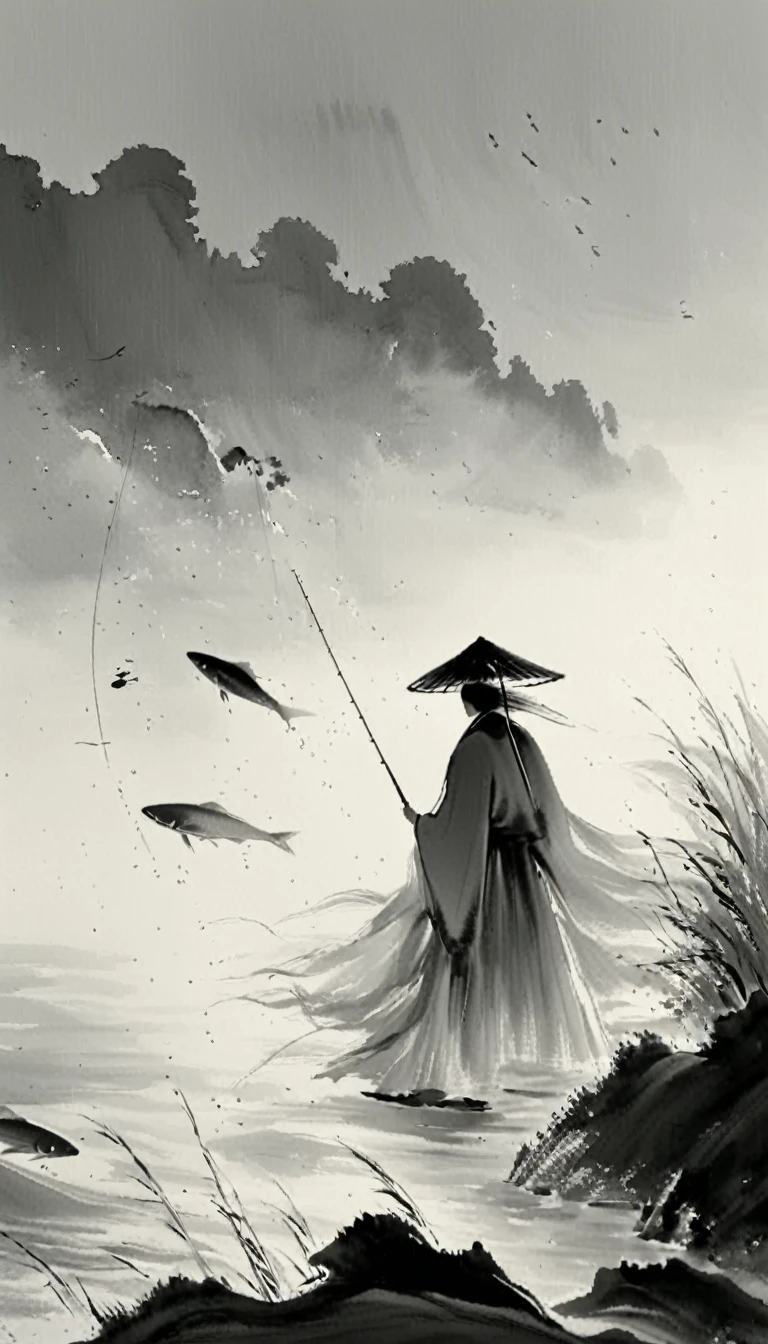 Black and white art, fishing, Holding an umbrella on his head