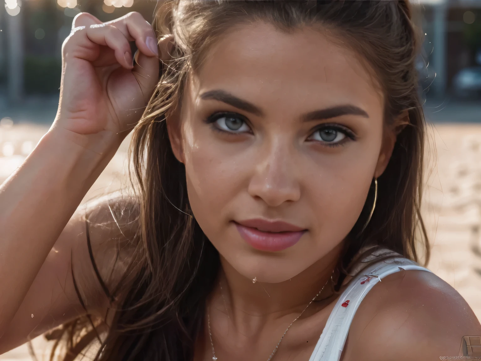 Close up ultra high resolution photo of a beautiful russian girl pointing a handgun, focus on the girl, deep depth of field, she has something to say, her full lips are parted showing her white teeth and pink tongue, sharp shadows cast by the sun, detailed skin, iris detail, detailed fabric, , 8k photography, unedited skin, healing cuts, thin facial hair, tan lines, hyper detailed eyes, subtle imperfections, macro hair detail, sharp focus, tan lines, Raw High Resolution, ultradetailed, natural lighting, Fujifilm GFX100s --ar 16:9 --style raw --v 6.0 - @skroeckel (fast)