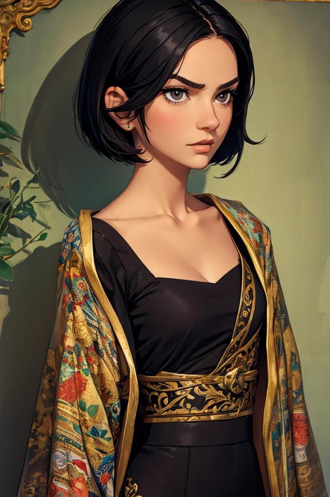 Beautiful woman 30 years old, with clothes, sexy and detailed face, short hair, black hair, serious face, small nose, best quality, masterpiece