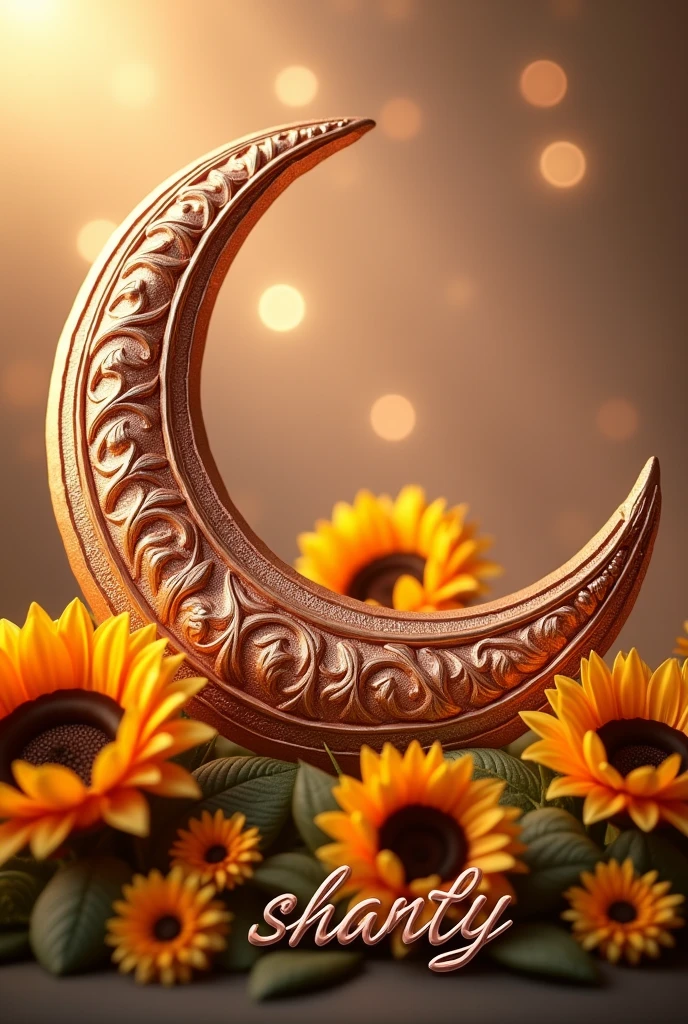 Photo and 3d, image of a baroque crescent moon, with slats intertwining it, in rose gold tones, surrounded by beautiful sunflowers of different sizes, It is located in a tender space surrounded by bright and colorful lights., Below it is written the word SHANTY in metallic cursive letters
