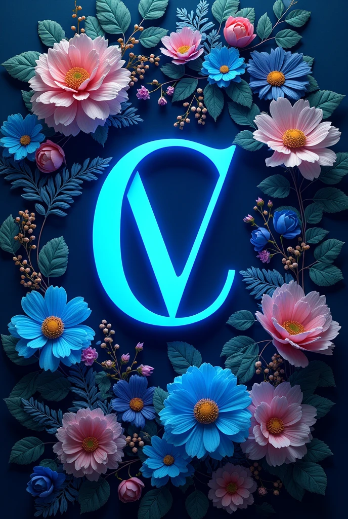 create a logo with the letter c, v with blue color and flowers in the background