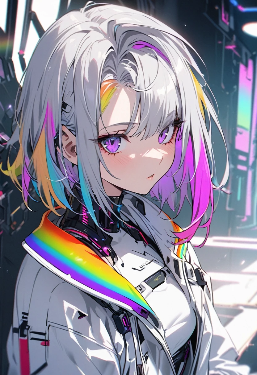 good looking, alone, 1 female, Medium Hair, Gray Hair, Rainbow Hair, Purple eyes, White clothes, Futuristic, cyber punk, Cybernetic, neon, Scientist