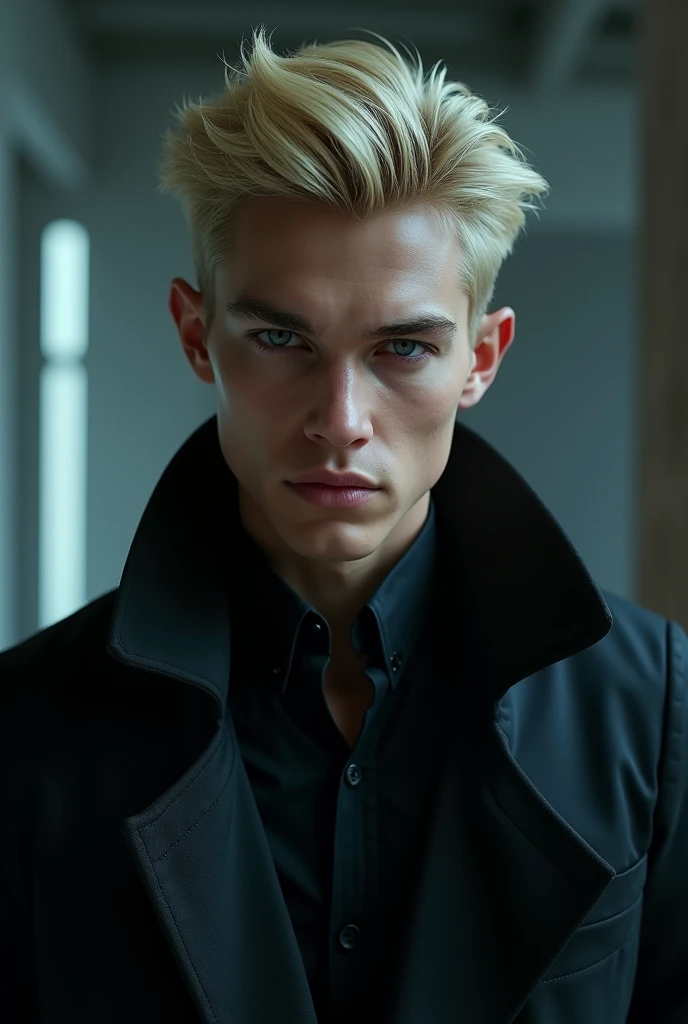 Create a young blond villain man, 1.71 who uses a malicious head, with pool eyes, with shorter hair