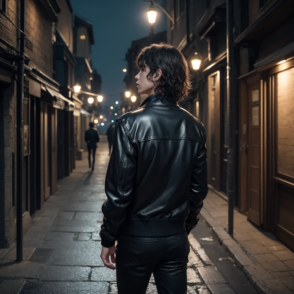 A distracted boy seen completely from behind, without looking back, de corpo inteiro, with a leather jacket, with visible veins on the hands and a little on the arms. He has youthful facial features, sem pelos faciais, short messy mullet style hair, with wavy hair/curly, and is wearing dress pants. The scene is realistic, set at night with soft, subtle lighting, creating soft shadows, perhaps illuminated by distant street lights or dim ambient lights, creating a calm and serene atmosphere.