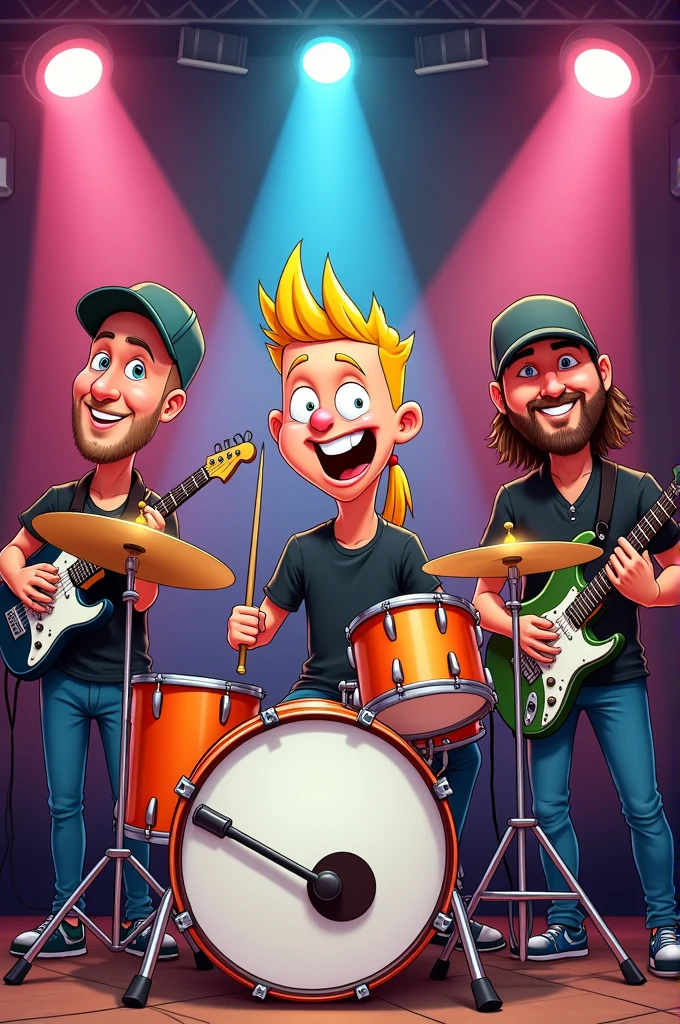 Draw in a cartoon way a music band with a drummer playing in the middle with a short blond mullet, a guitarist on the left with shaved hair under a cap and a bass' musician on the left with shaved hair and a cap and a beard.