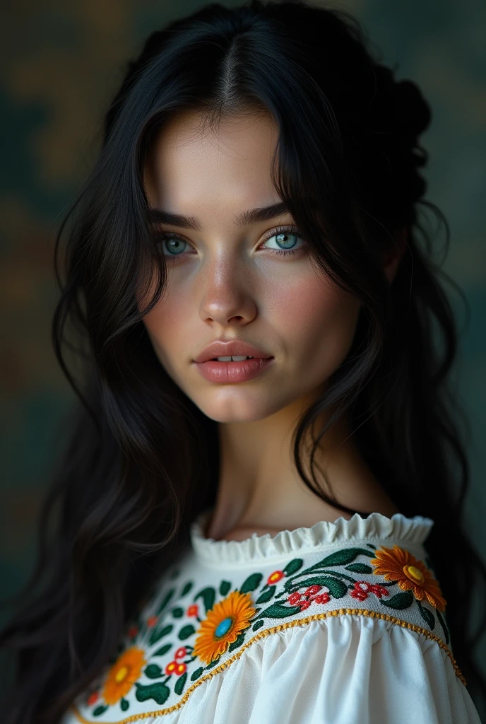 High-quality, 8K Ultra HD, hyper-realistic portrait of a 21-year-old beautiful Ukrainian woman wearing an authentic white blouse decorated with bright embroidery. The artist captured a woman with mysterious, long and slightly wavy black hair, captivating blue eyes with a sense of mischief, and a confident look into the camera from captivating eyes. All the subtle subtle nuances of her attractive face, the intricacies of her gaze, and the flowing strands of hair are perfectly conveyed. The artist uses mastery of shadow and light, creating an alluring interplay that highlights the mysterious aura surrounding the woman. Her entire head and hair are captured in this masterpiece.