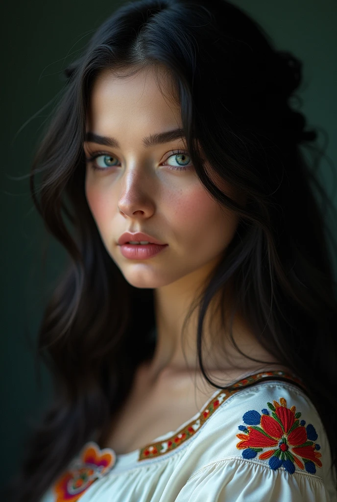High-quality, 8K Ultra HD, hyper-realistic portrait of a 21-year-old beautiful Ukrainian woman wearing an authentic white blouse decorated with bright embroidery. The artist captured a woman with mysterious, long and slightly wavy black hair, captivating blue eyes with a sense of mischief, and a confident look into the camera from captivating eyes. All the subtle subtle nuances of her attractive face, the intricacies of her gaze, and the flowing strands of hair are perfectly conveyed. The artist uses mastery of shadow and light, creating an alluring interplay that highlights the mysterious aura surrounding the woman. Her entire head and hair are captured in this masterpiece.